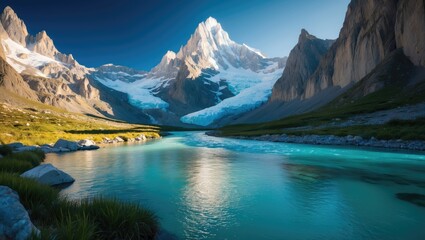 Fototapeta premium Sturdy mountains and the azure water flow from thawed glaciers.