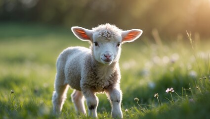 Fototapeta premium The little sheep grazing on the meadow