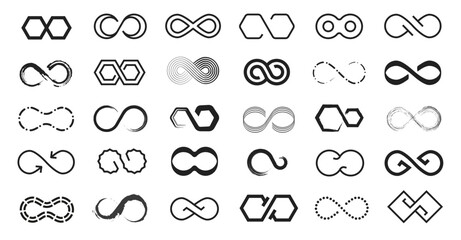 Loop symbol. Infinity stroke icons, endless cycle and eternal motion signs, line unlimited eternity wave, abstract Mobius loops forever infinite sign. Vector isolated set