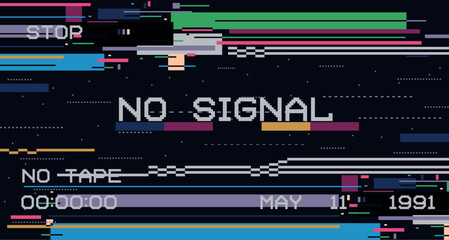 Glitch signal background. Retro VHS tape with television screen distortion, digital video error glitches and static noise, 90s vintage TV pixel glitchy texture. Vector illustration