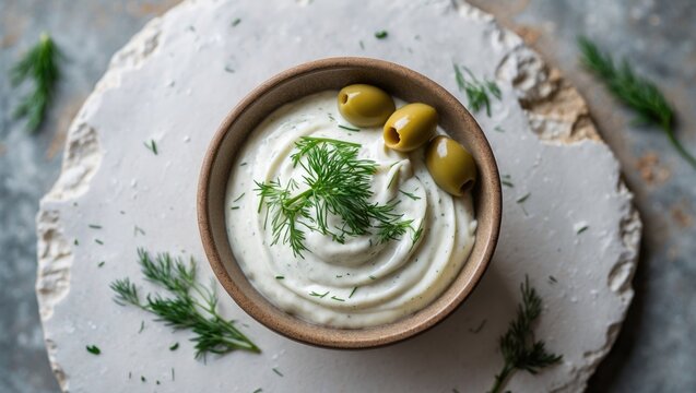 Tzatziki, the Greek yogurt sauce, displayed in a bowl on a white slate, stone, or concrete background.