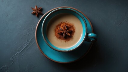 Blue cup filled with masala tea or coffee, garnished with cinnamon and spices, seen from above