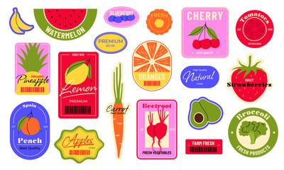 Food fruit label. Cartoon stickers with organic tropical berry apple banana cherry citrus, fresh natural badges with fruits and berries for supermarket. Vector market stickers set
