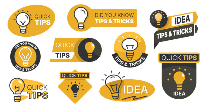 Light bulb badge. Quick tip and did you know badges, creative idea and knowledge labels with light bulbs, interesting trivia questions and fun facts. Vector isolated set