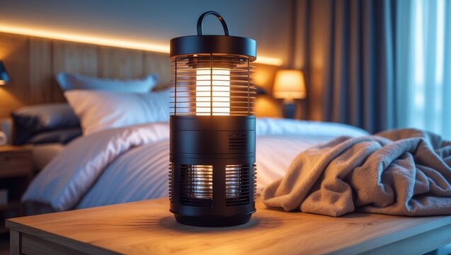 A mosquito electric blue light killer lamp sits on a black marble table in a dark bedroom to protect from mosquitoes during sleep