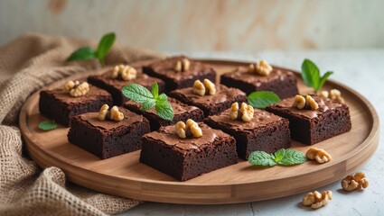 Chocolate brownie dessert featuring walnuts and mint leaves on a vintage board with space for text.