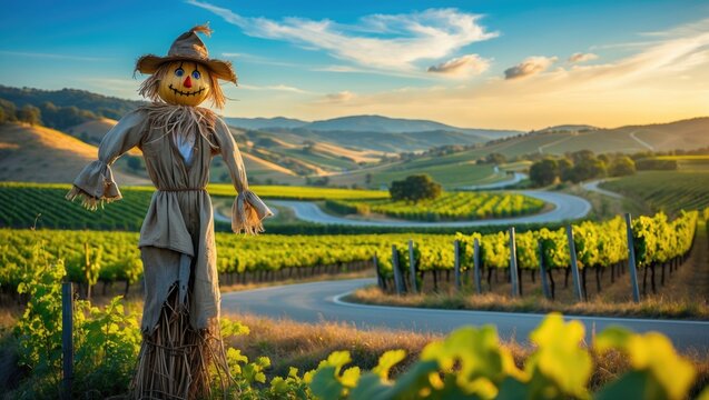 Scenic view featuring a scarecrow and vineyards along a heart-shaped road in a popular border destination.