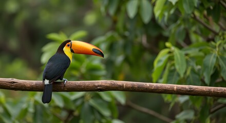 Fototapeta premium Beautiful keel billed toucan perched on a branch in the rainforest of central america avian wildlife photography on transparent background