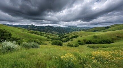 Obraz premium Lush Green Hills Under Cloudy Skies