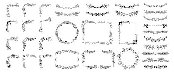 Doodle floral border. Decorative flourish frames, flowers and leaves corners, wedding invitation card ornamental dividers, cute flower circle decoration. Vector floral framing set