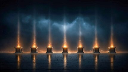 Revelation vision scene: seven golden lampstands, stars falling, the Lamb of God glowing on a throne, thunderclouds and fire, apocalyptic.