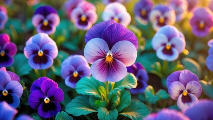 Closeup of a purple pansy flower encircled by green leaves, with additional purple pansies in the background.