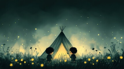 Two children stand by a teepee at night, lit by fireflies