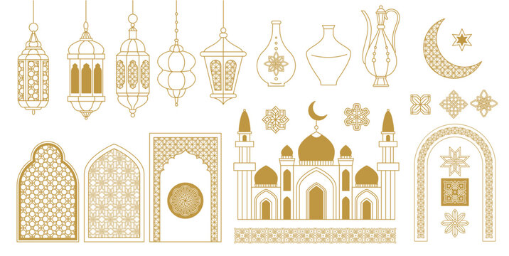 Arabic line element. Ornamental Islamic geometric frames and borders with traditional arabesque motif. Abstract oriental decorative Islam art vector set
