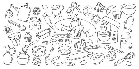 Doodle bake icons. Baking pastry bread and cookies tools and ingredients, flour sugar eggs dough whisk rolling pin, homemade bakery pastry elements. Vector isolated set