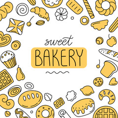 Bakery framing. Doodle kitchen utensils border, bread and pastry sketch with croissant, bagel, baguette, bun, toast. Bakery frame, bread shop menu design. Vector hand drawn border