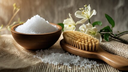 Natural body care concept with Epsom salt bath, wooden massage foot brush, and eco friendly toiletries for wellness and beauty