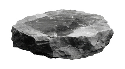 Dark gray stone hovering above transparent surface, featuring rugged texture and flat top, ideal for digital compositing and design projects
