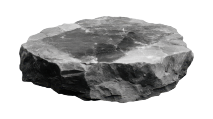 Dark gray stone hovering above transparent surface, featuring rugged texture and flat top, ideal for digital compositing and design projects