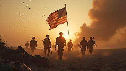 American Soldiers Advancing Through Smoke and Explosions on Omaha Beach During D-Day with Massive American Flag Emerging from Chaos and Destroyed Beach Obstacles