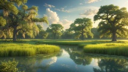 Scenery featuring a lake and marsh with beautiful trees in the background during summer.