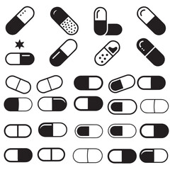 Capsule Pill Variations Line Art Illustrations, Collection of Various Capsule Pill Icons Black and White, 