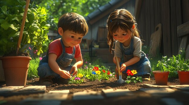 Two children tending a colorful garden - Powered by Adobe