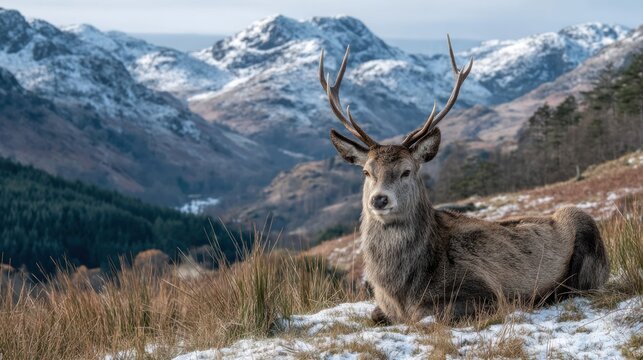 Deer resting in a snowy field with mountains and trees in the background.