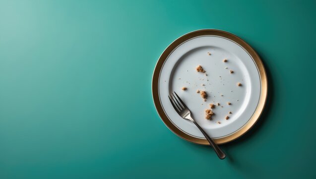 An empty plate with leftover crumbs on a green surface. Illustrating the end of a festive occasion. Text area nearby.