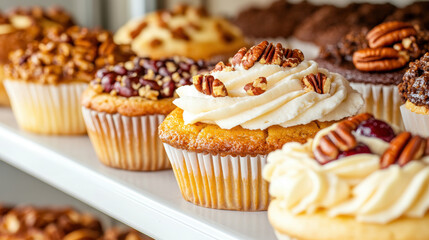 Delicious cupcakes with creamy frosting and pecan nuts on display in a bakery shop window