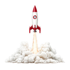 A vintage red and white rocket launching with smoke on a white background.