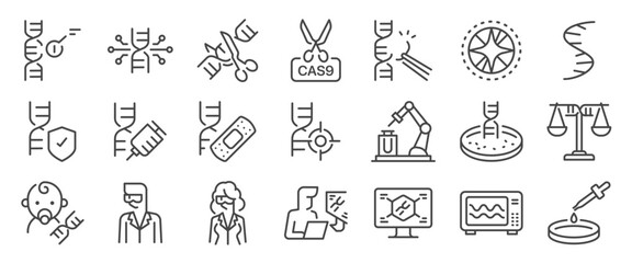 CRISPR gene editing icon set. It includes genetic, DNA, biotech, research, science, and more icons. Editable Vector Stroke.
