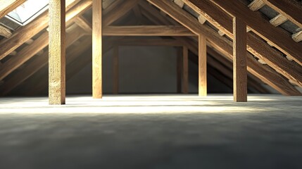 Empty Attic with Exposed Wooden Beams and Skylight