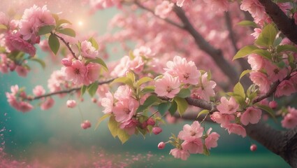 Flowers and pink blossom trees pattern on background