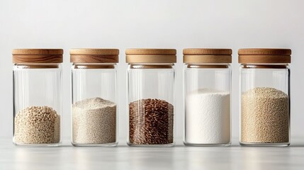 Various grains and seeds stored in glass jars with wooden lids
