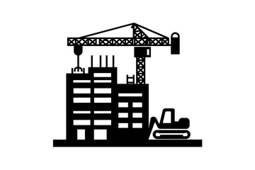 Obraz premium Silhouette of a Construction Site with Crane and Bulldozer Equipment Against a White Background