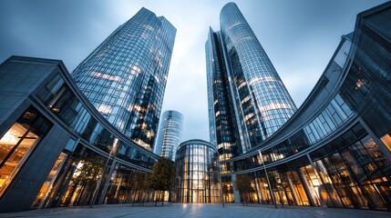 Tall modern office buildings with glass facades under a cloudy sky.