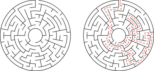 Obraz premium Two circular mazes one with a solution highlighted demonstrating path finding strategy