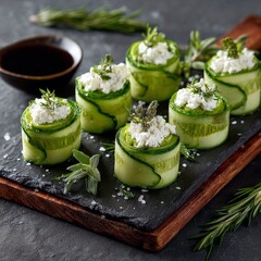 Fresh cucumber roll appetizers with creamy cheese filling garnished with herbs and served on a rustic wooden board for appetizer or snack presentation