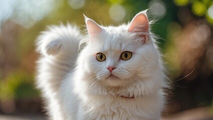 Adorable local white cat strolling outside