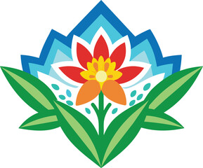 Obraz premium Red Flower Green Leaves Blue Design