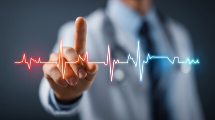Doctor's hand touching a glowing electrocardiogram line in a medical setting.
