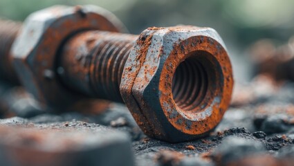 Corroded nut and bolt. Rusty iron rod featuring screw threads. Oxidized mechanical parts. Isolated close-up of threaded bolt and nut. Dismantling idea, challenging to unscrew, non-detachable.