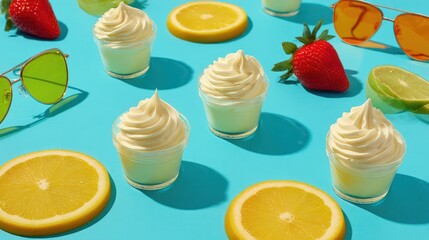 Small desserts and citrus fruit slices arranged on a bright blue surface.