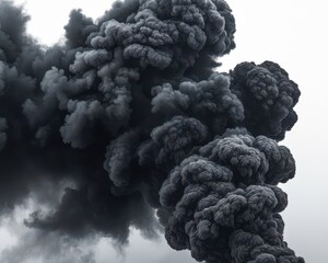 Dramatic billowing column of black smoke against a pale overcast sky