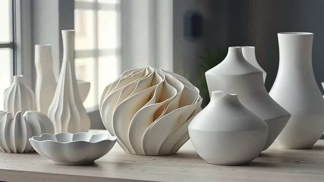 Elegant display of modern white ceramic vases and bowls on a wooden table in a bright room