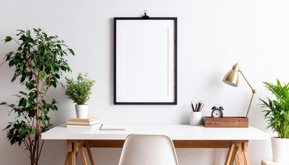 Hanging frame mockup with clips on studio wall, artistic home office interior with creative atmosphere. Relaxed and inspiring look.