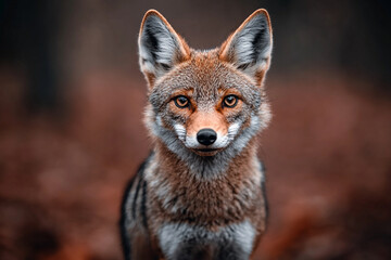 Fototapeta premium Close-up view of a wild coyote showcasing its striking features in a natural forest setting
