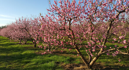 Blooming Orchard in Spring: Rows of Pink Blossoms under Blue Sky, Photos