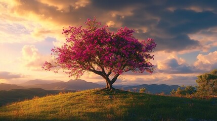 Fototapeta premium A solitary tree with pink blossoms on a grassy hill at sunset